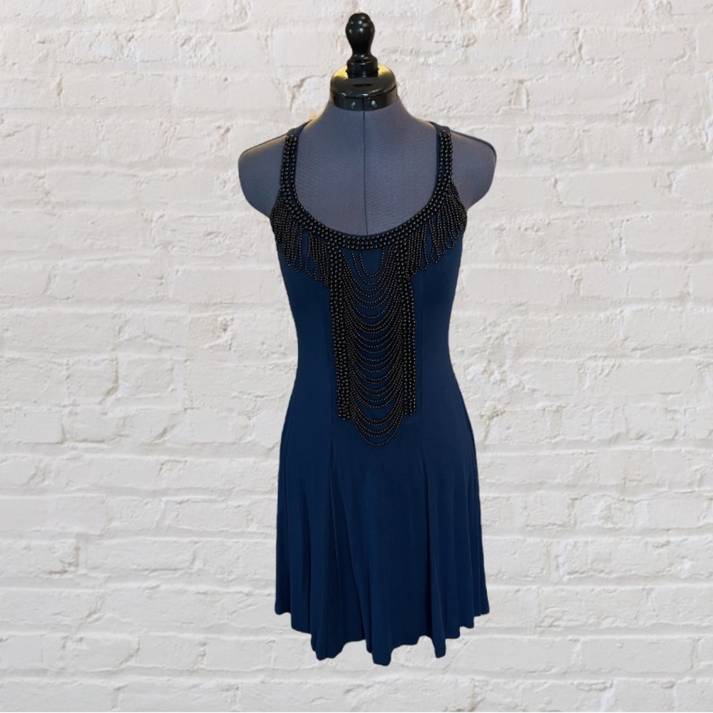 Navy Dress with Black Fringe Beading